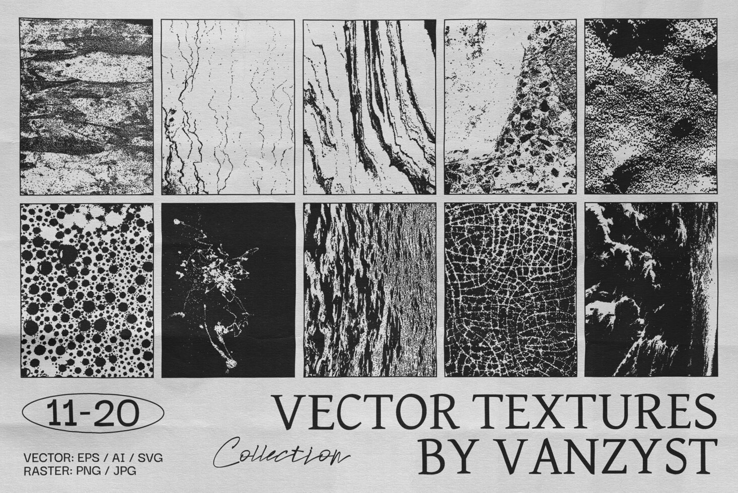 Set of 10 black and white vector textures for designers in AI EPS SVG formats. Includes abstract patterns for use in mockups and digital design projects.