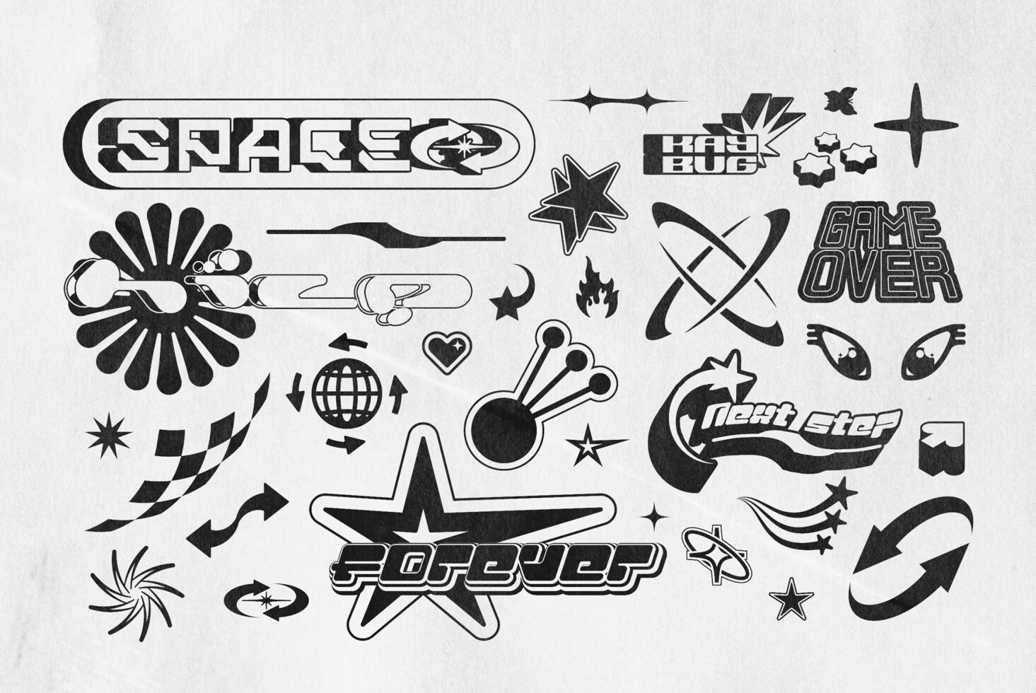 Retro graphic elements collection on white paper with stars arrows flames and text game over suitable for digital design assets and graphics projects.