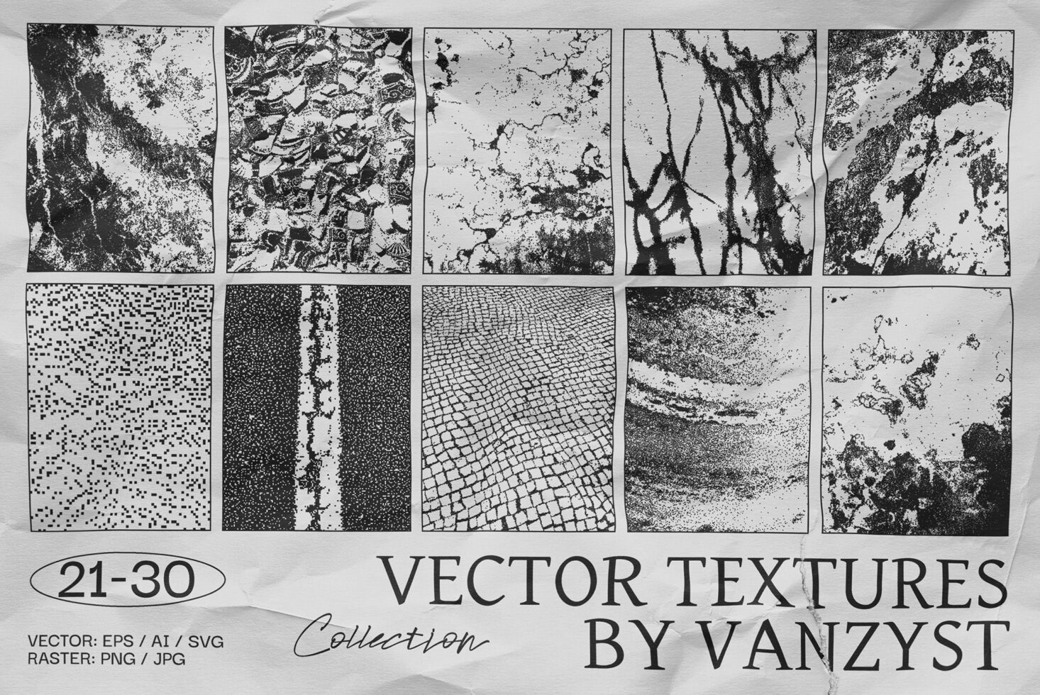 Vector texture collection featuring ten diverse black and white grunge patterns for design projects. Available in EPS, AI, SVG, PNG, JPG formats.