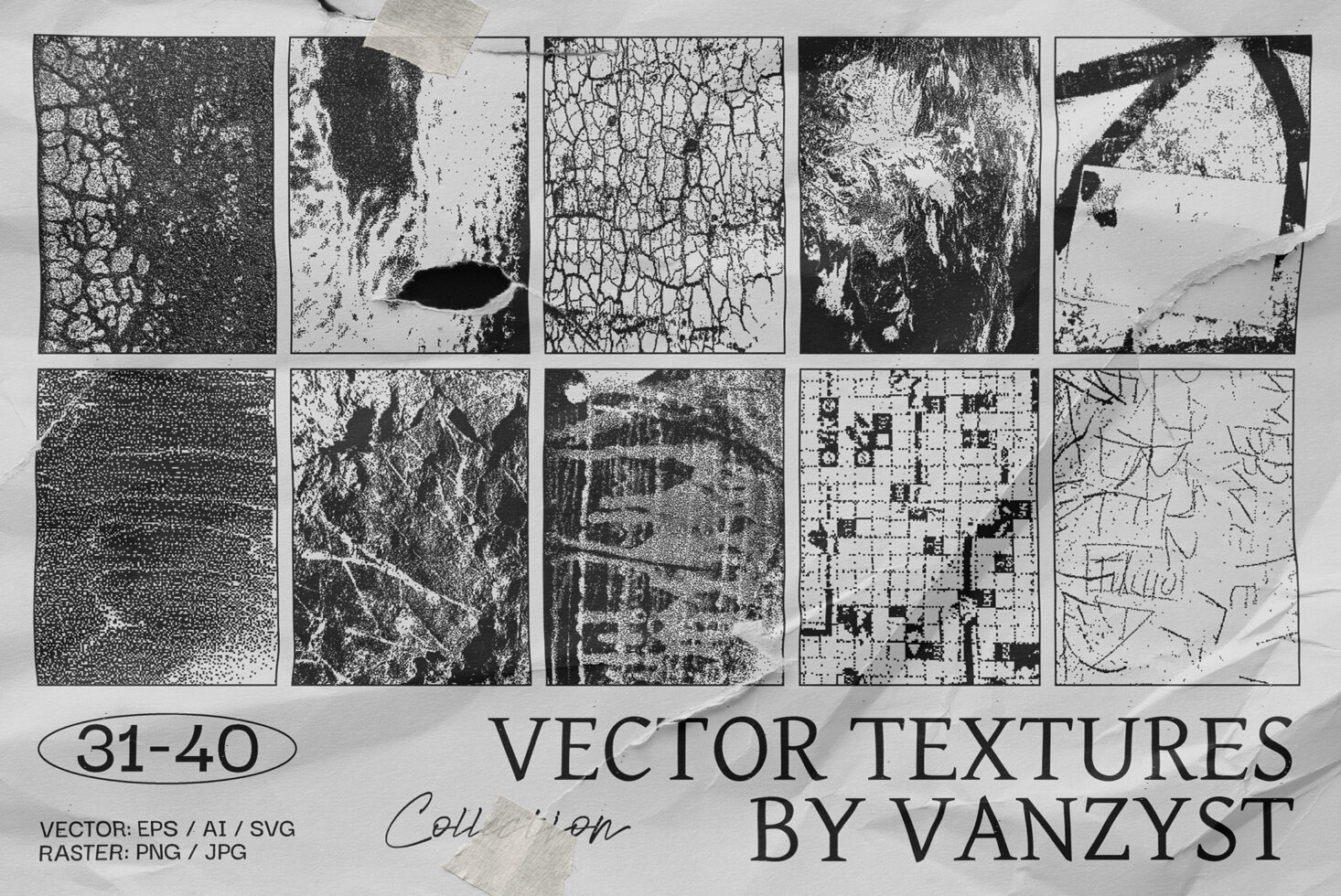 Vector texture collection featuring ten gritty designs ideal for design mockups templates. Available formats include EPS AI SVG PNG JPG.