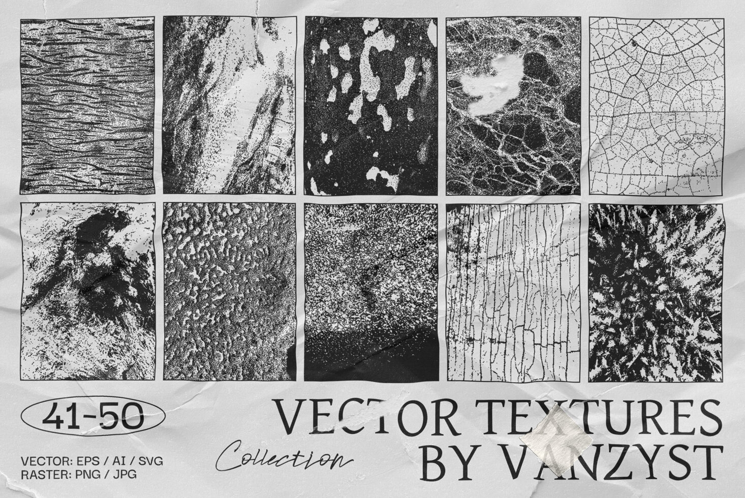 Vector textures collection showcasing 10 black and white designs for digital assets. Ideal for designers, available in EPS, AI, SVG, PNG, JPG formats.