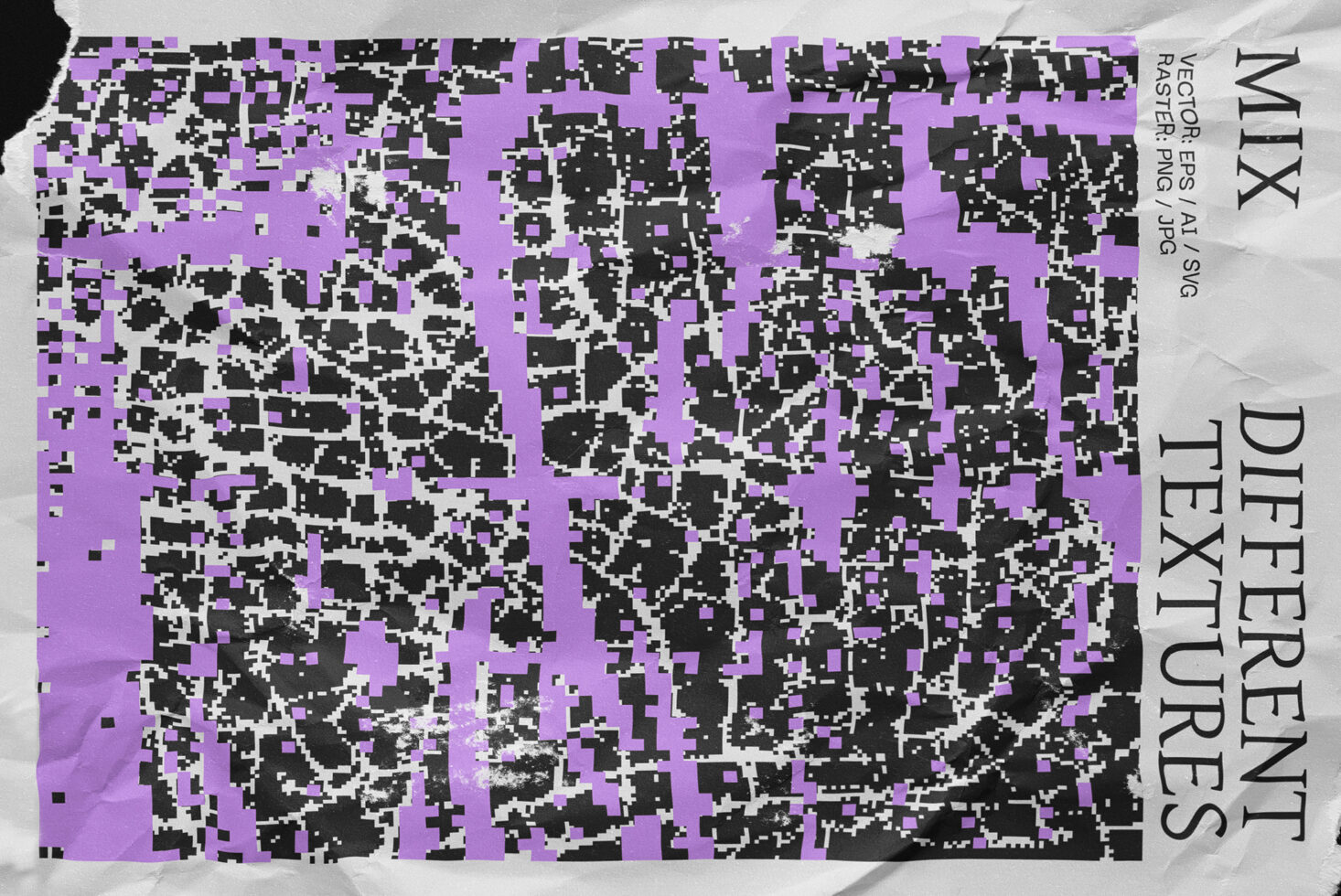 Digital abstract textures with pixelated purple and black patterns for designers, ideal for mockups graphics templates. Vector and raster options available.