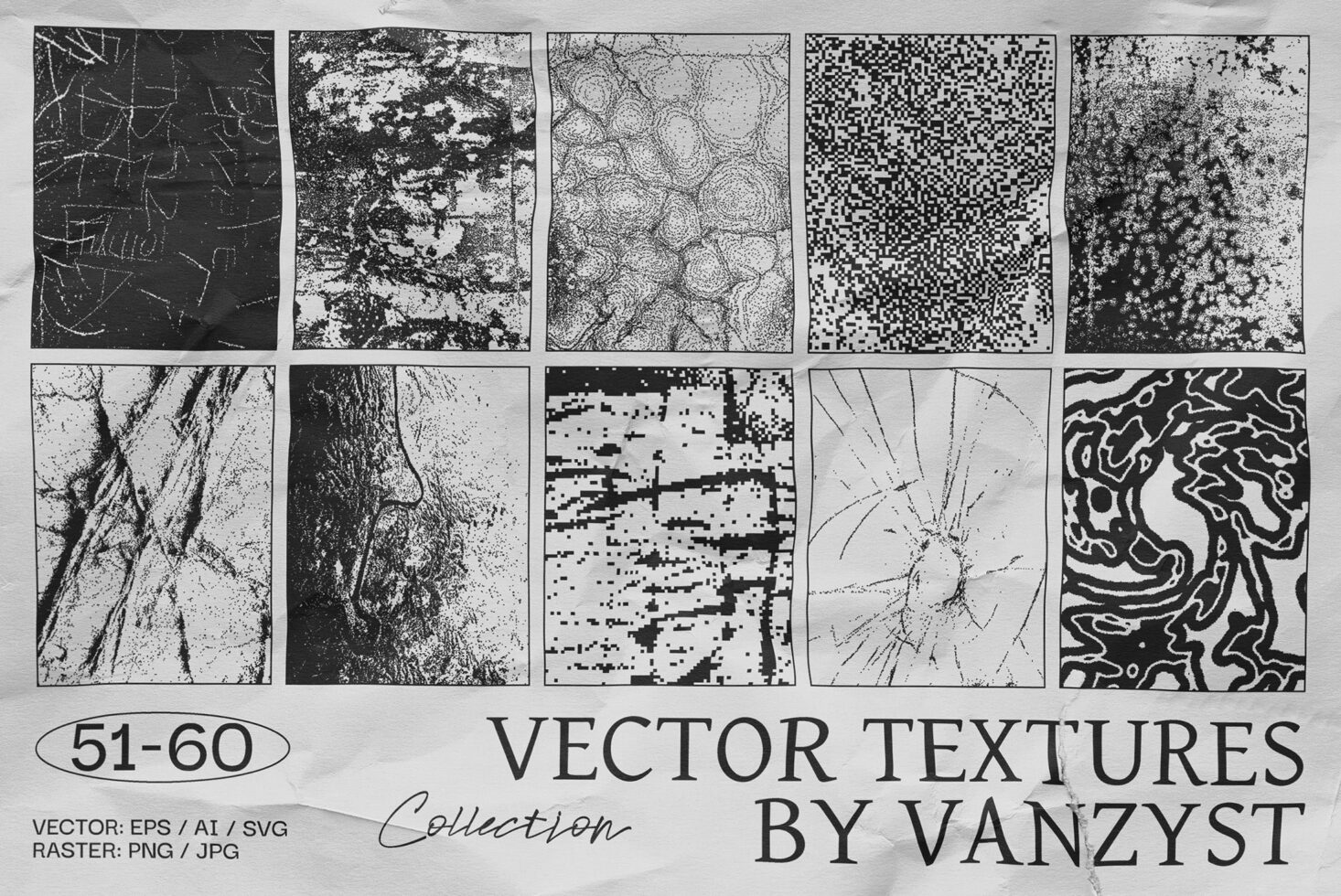 Set of 10 vector paper textures for graphic design and templates. Formats include EPS AI SVG PNG JPG. Ideal for creative projects and mockups.