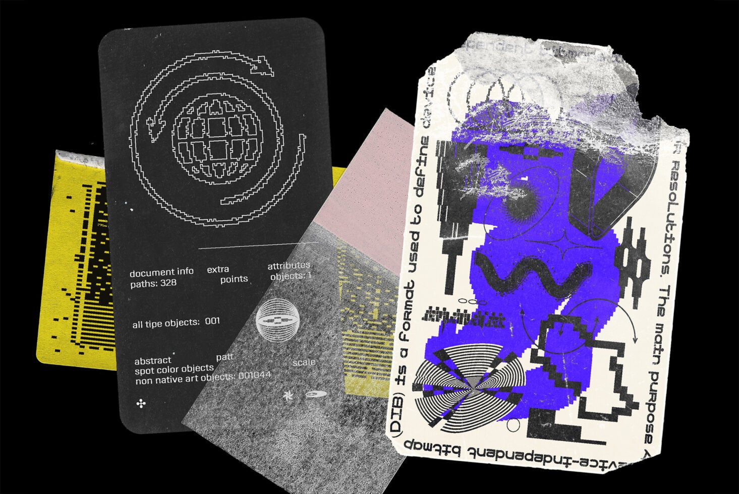 Stacked design mockup with geometric patterns, bold typography, purple overlays against black