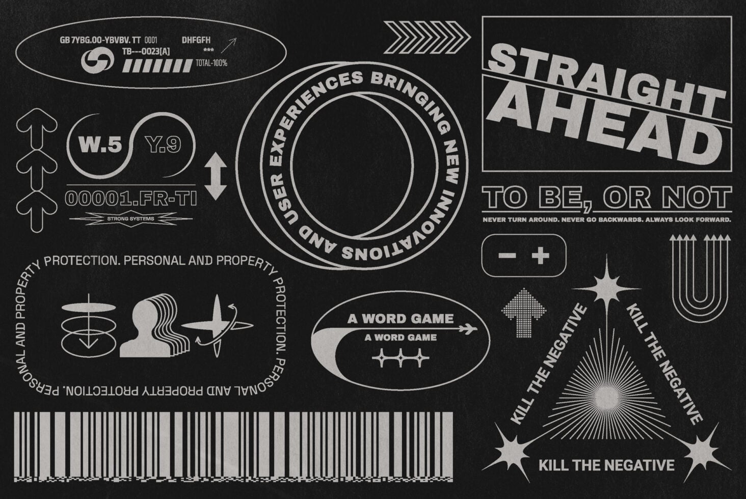 Black graphic sheet with futuristic tech typography, circuit patterns, directional arrows, gaming elements in gray
