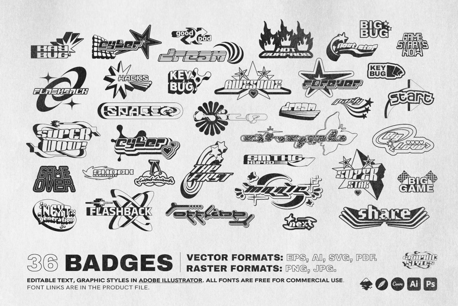 36 retro badge graphics for designers; editable text; vector formats include EPS, AI, SVG, PDF; raster formats PNG, JPG; perfect for graphic projects.