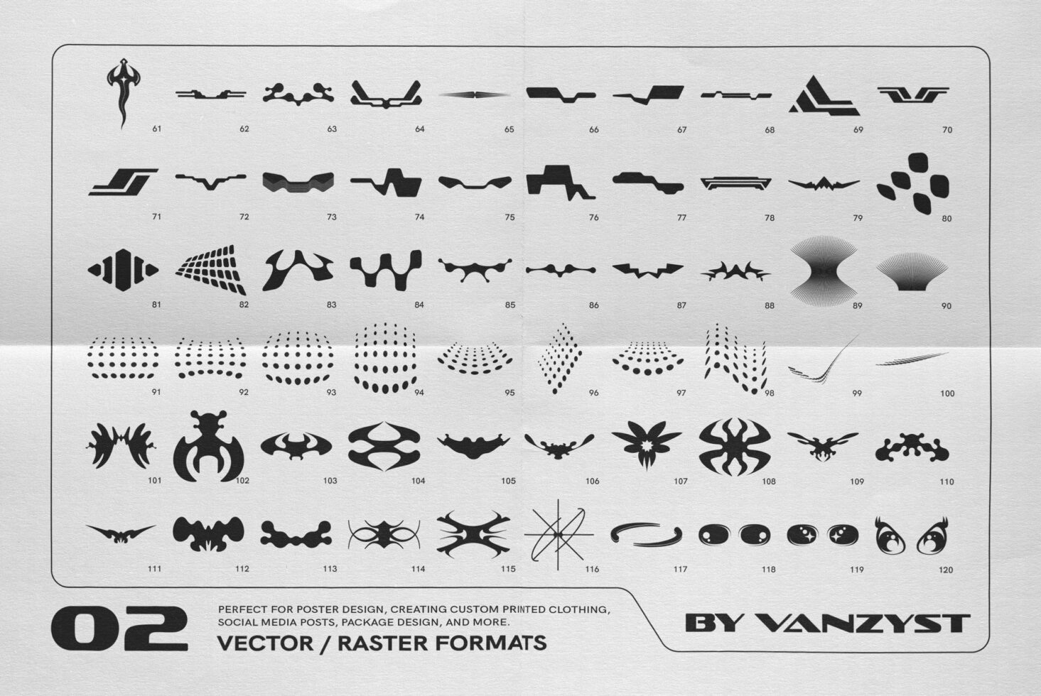 Collection of abstract shapes for poster design available in vector and raster formats. Ideal for custom graphics and templates. 120 unique designs.