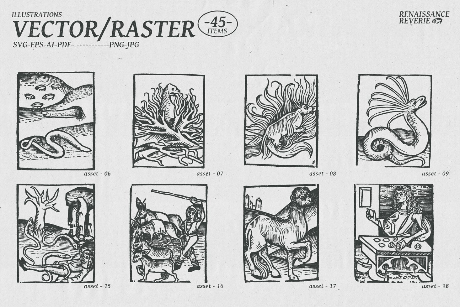 45 hand-drawn Renaissance revival illustrations in vector raster format with grunge textures