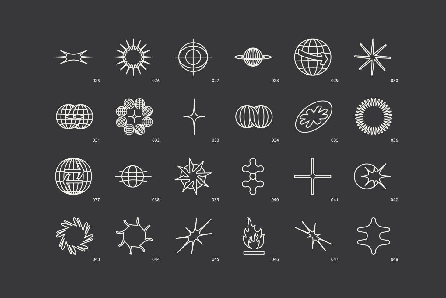Minimal abstract icons set on dark background featuring various geometric shapes. Ideal for designers seeking unique graphics or vector templates.