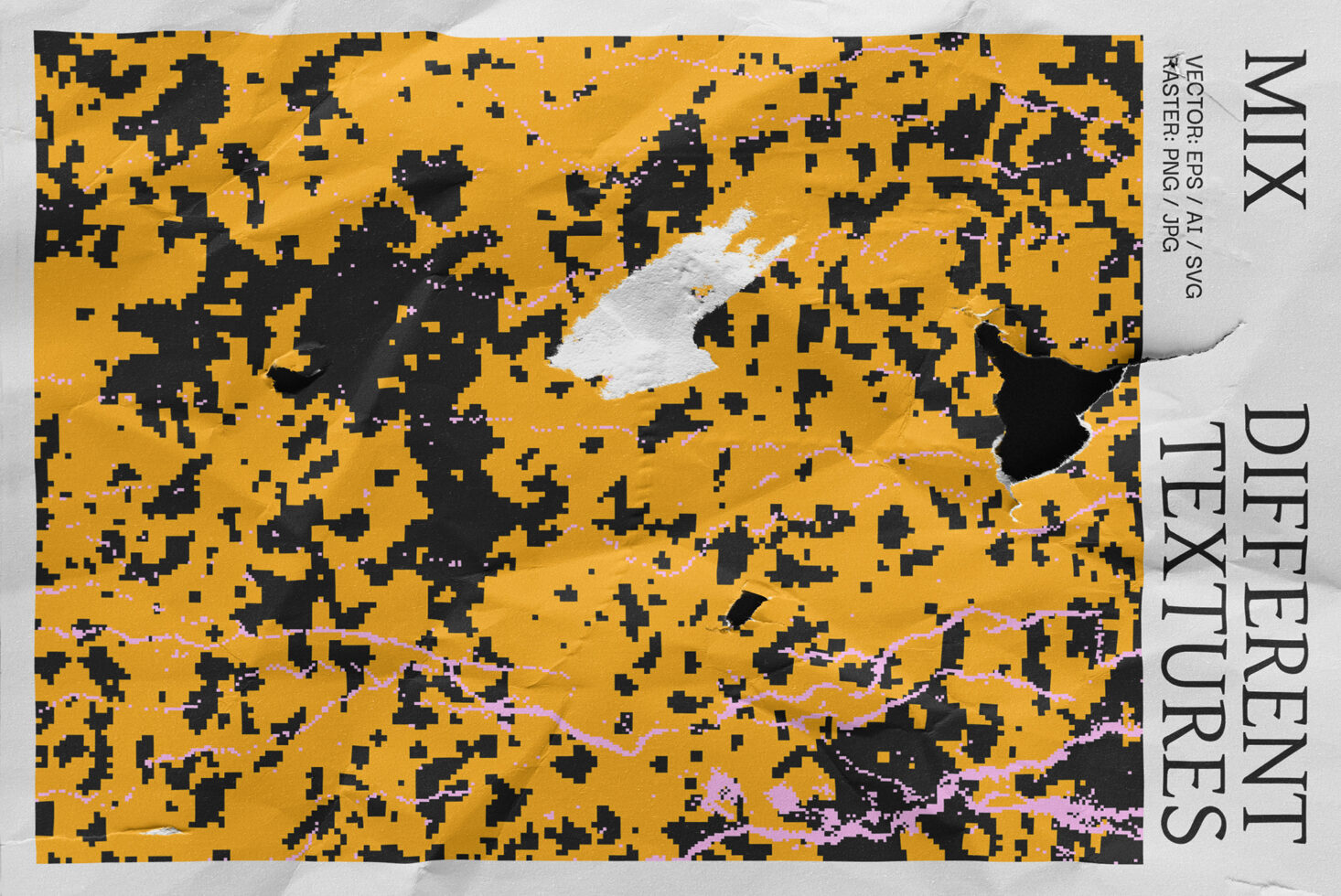 Abstract digital texture in vibrant yellow and black with pixelated pattern and torn paper effect. Suitable for graphic designers seeking unique resources.