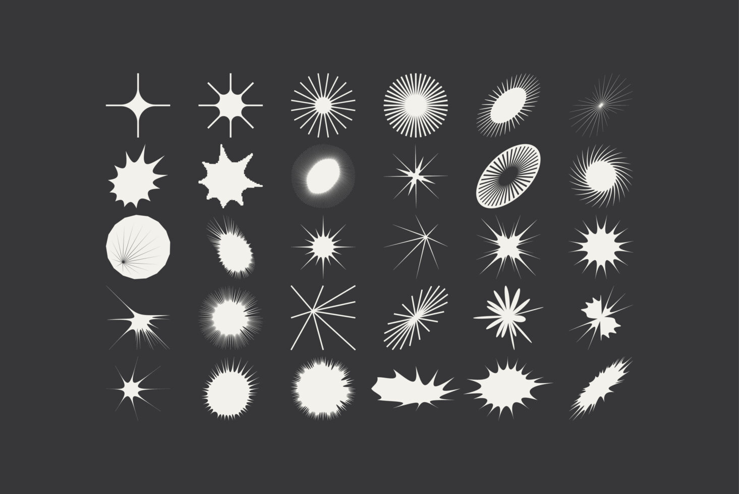 30 diverse star, sunburst, glow shapes in various styles for graphic design