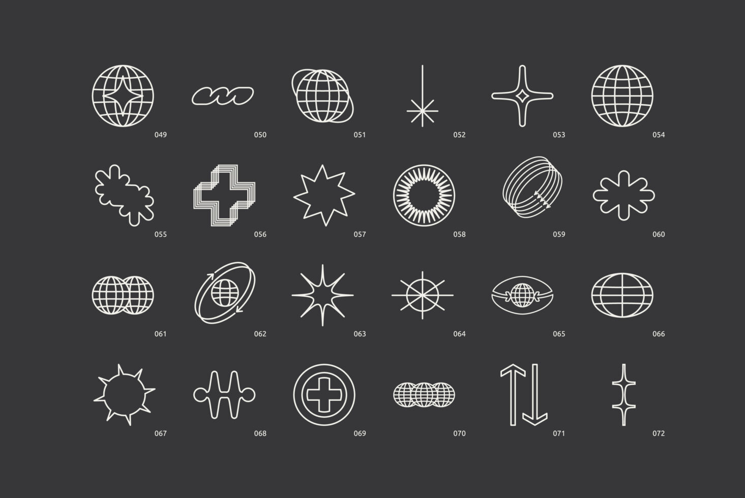 Collection of 24 abstract geometric logo templates on dark background for graphic design projects includes lines and shapes. Perfect for designers.