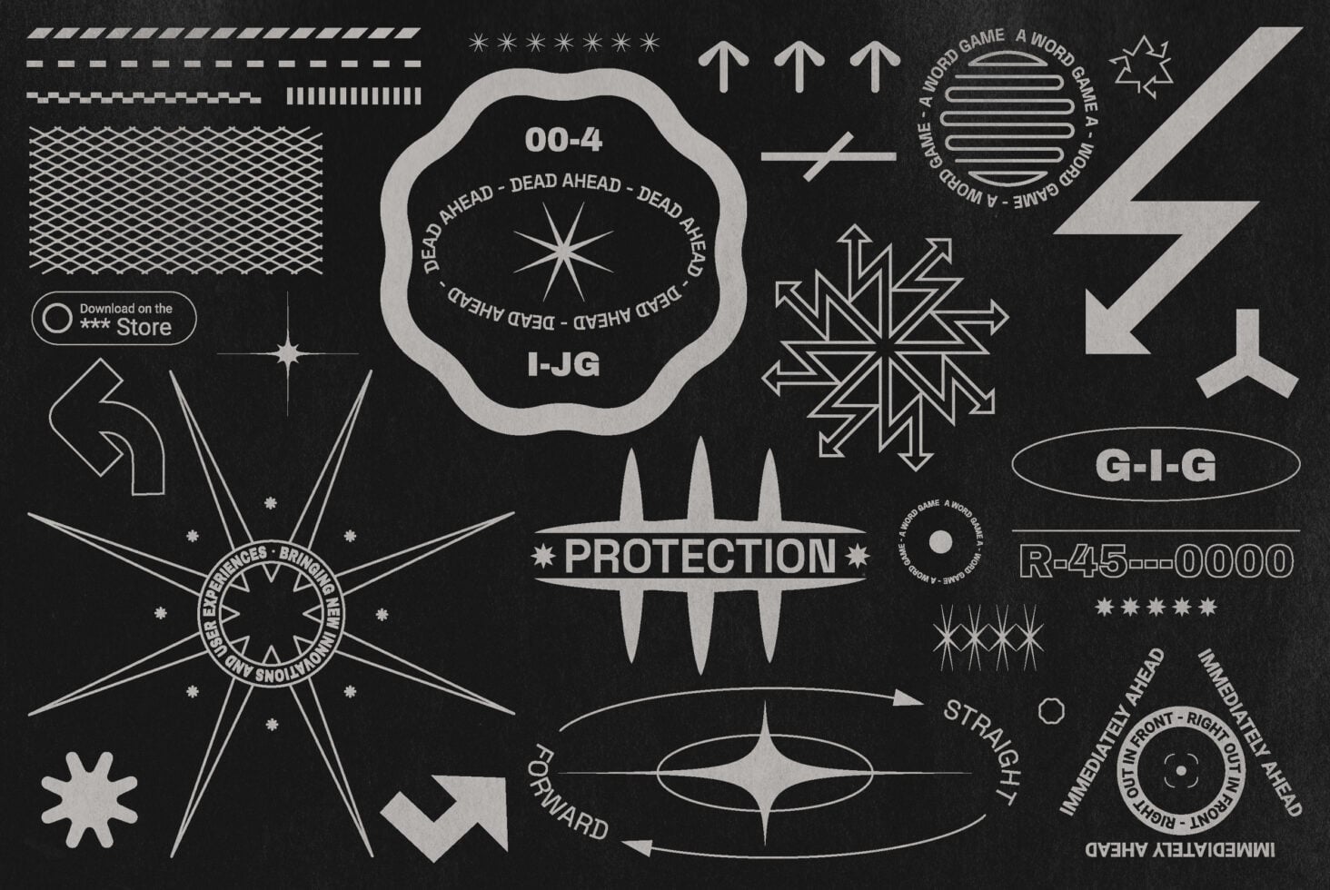 Dark graphic sheet with retro sci-fi symbols, geometric shapes, targets, arrows, protection text scattered throughout