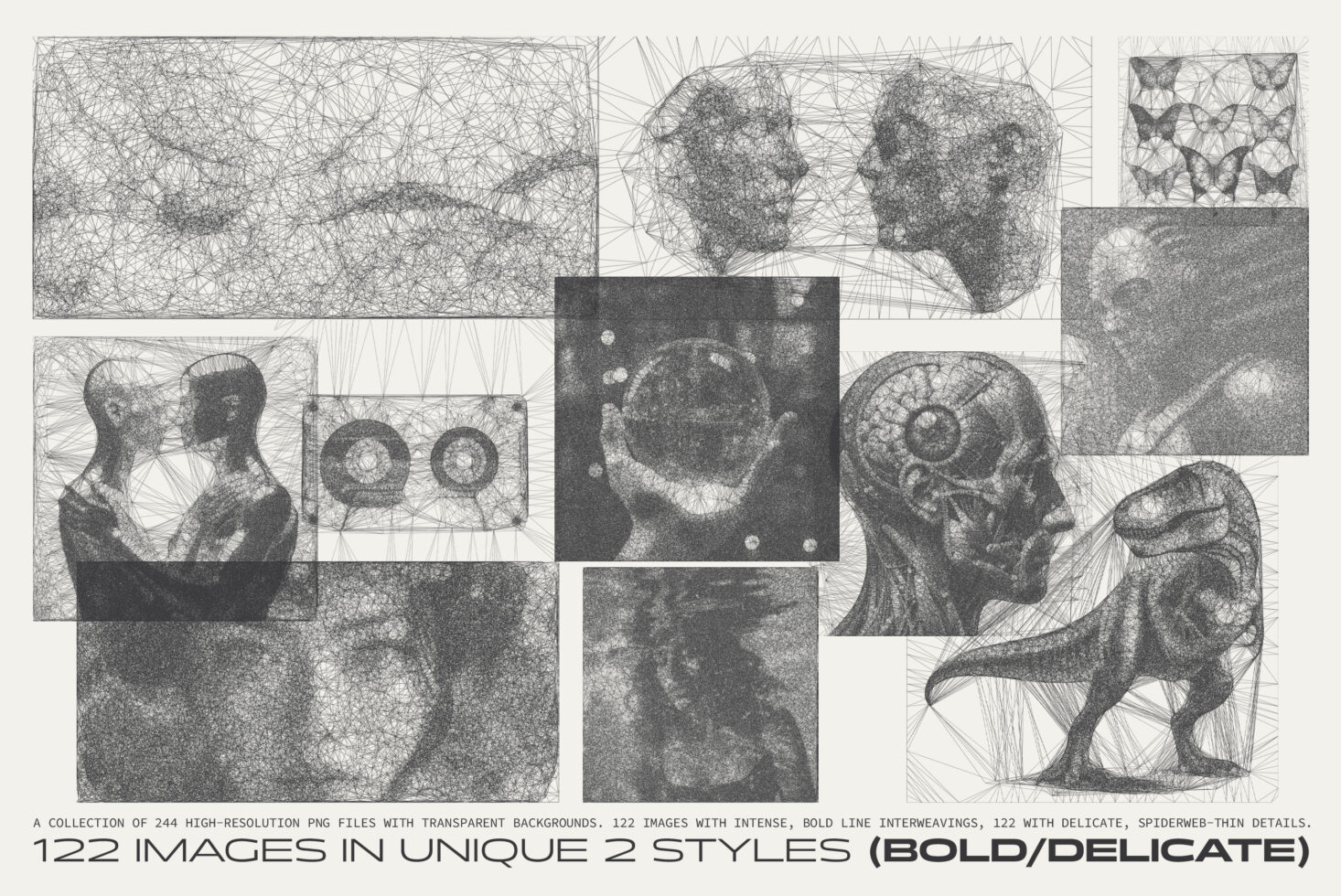 Collage of intricate line-drawn figures, animals, patterns with heavy cross-hatching