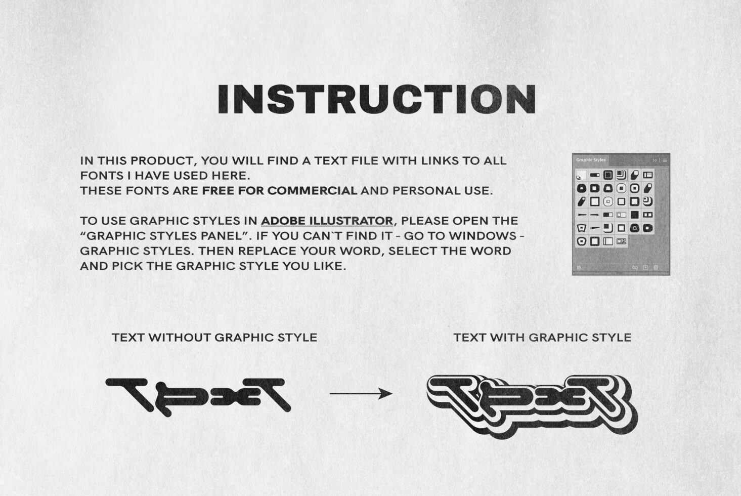 Instructional graphic on using Adobe Illustrator graphic styles; includes free fonts and illustrates text transformation for designers.
