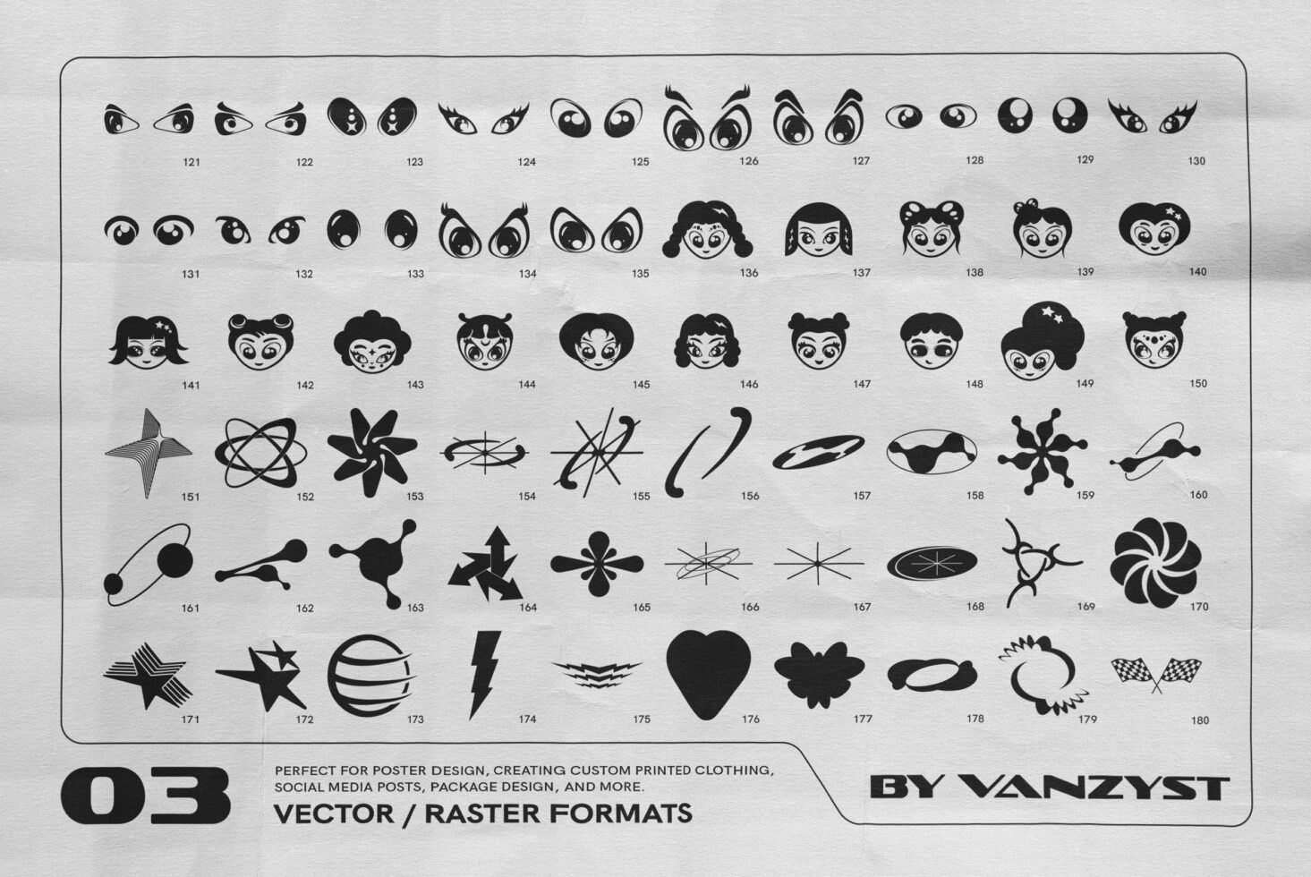 Retro-inspired symbols featuring stylized eyes, faces, and abstract shapes. Perfect for designers needing unique graphics for posters or social media.