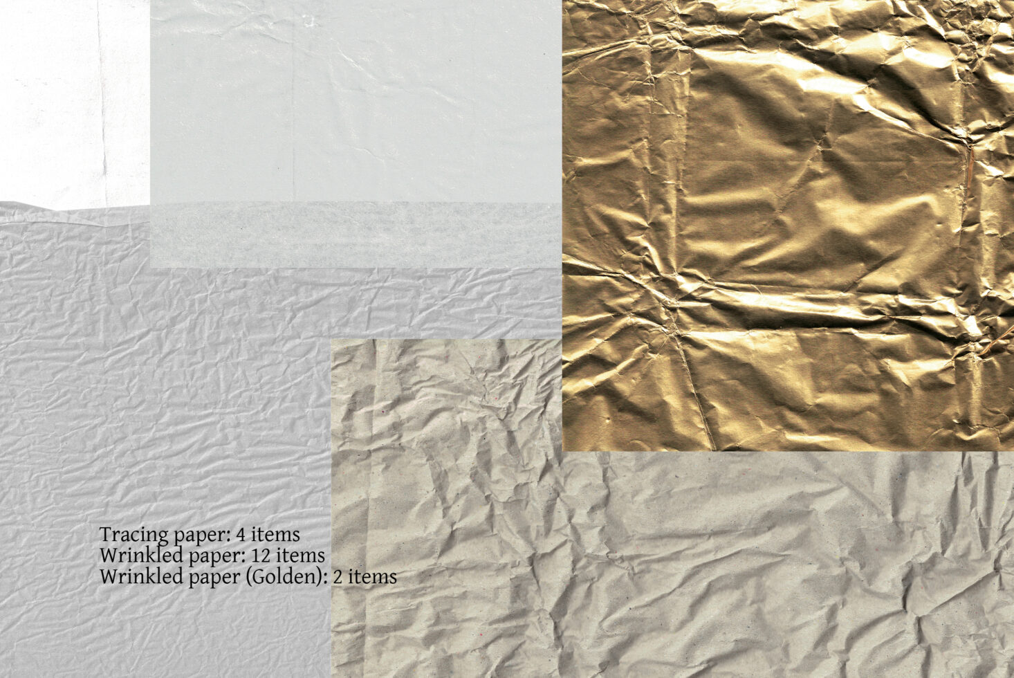 Wrinkled paper textures collection including gray and gold variations perfect for designers seeking unique backgrounds or overlay effects for graphic projects.