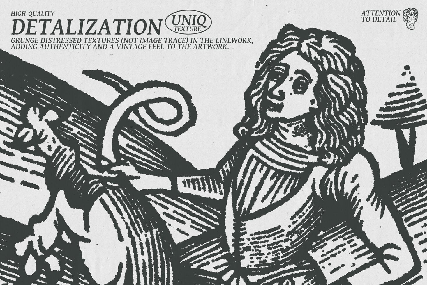 Close-up of grunge distressed linework showing woman with hair, texture details for vintage effect