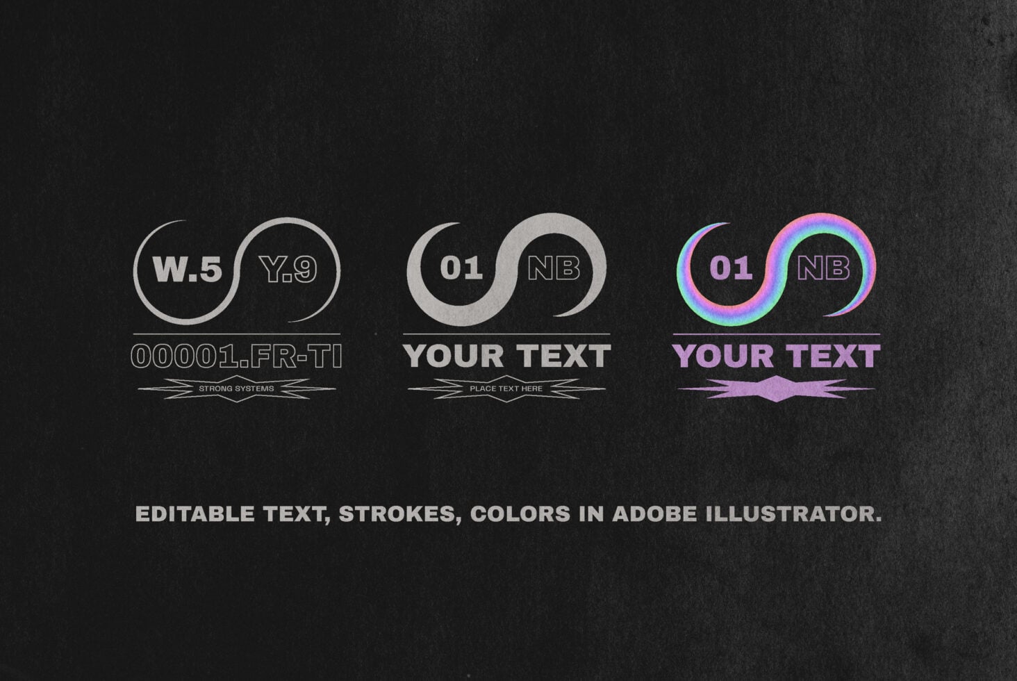 Three circular badge designs with editable text, strokes, colors in silver, grayscale, neon pink