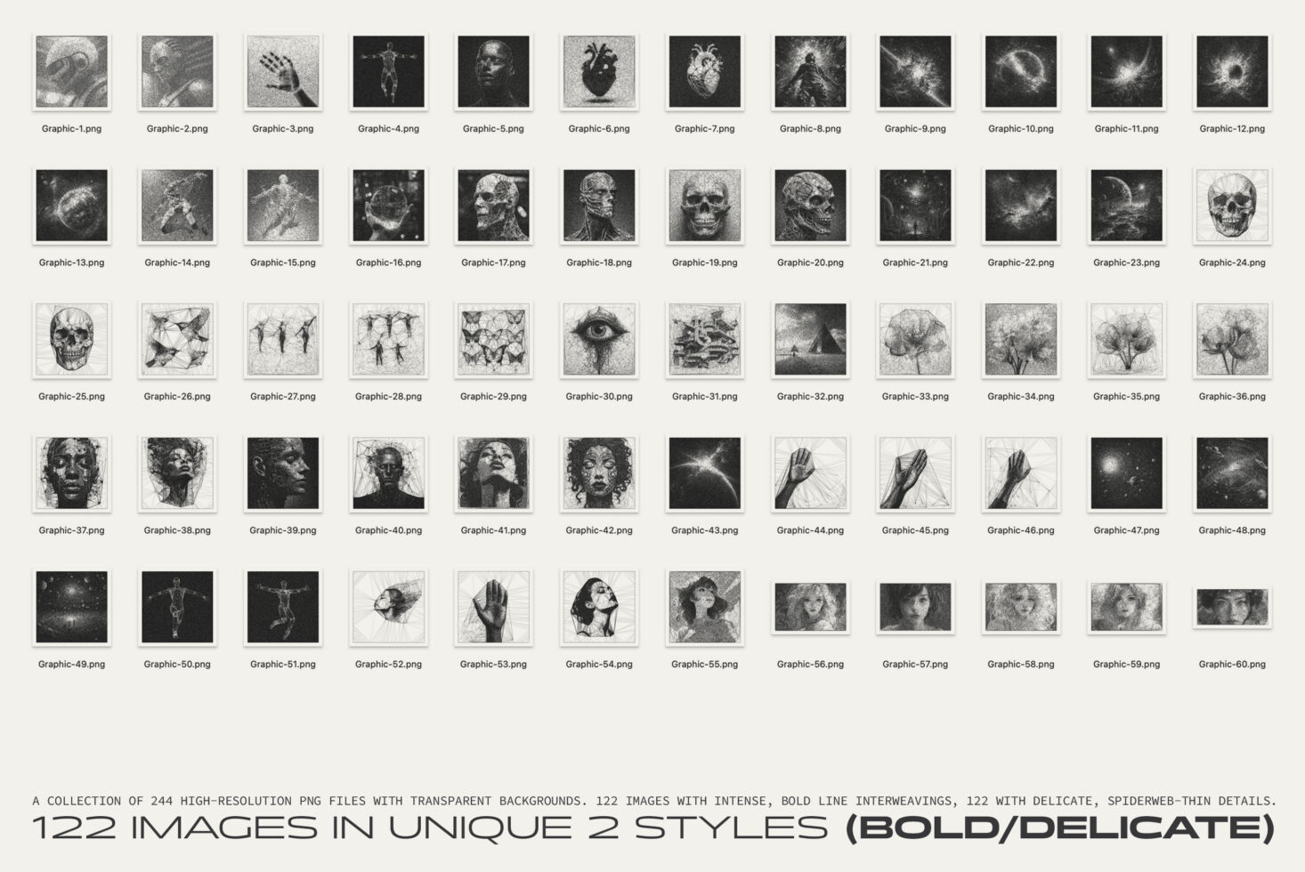 Grid of 122 surreal sketched graphics with skulls, hands, cosmic imagery