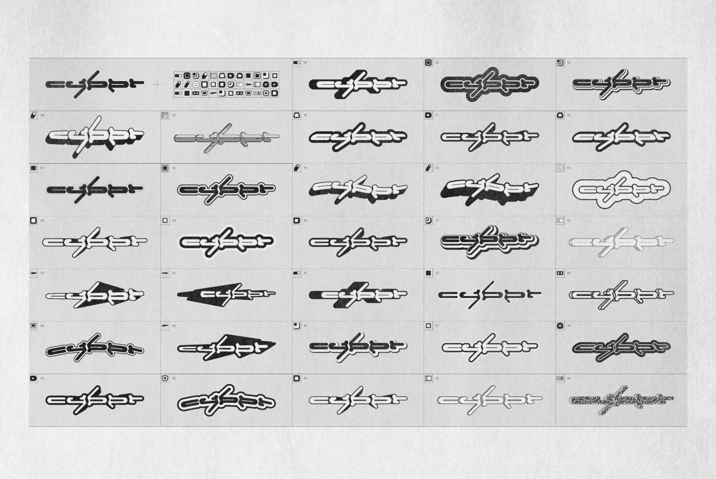Grid of thirty-two cyber-style typography templates in black and white. Digital asset for designers in graphics and mockups. Perfect for branding.