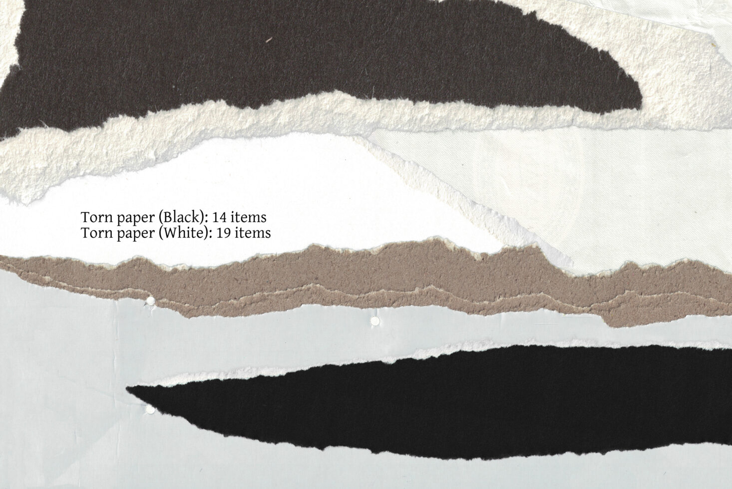 Assorted torn paper textures in black and white for graphic design. Includes 14 black and 19 white items. Perfect for design mockups and templates.