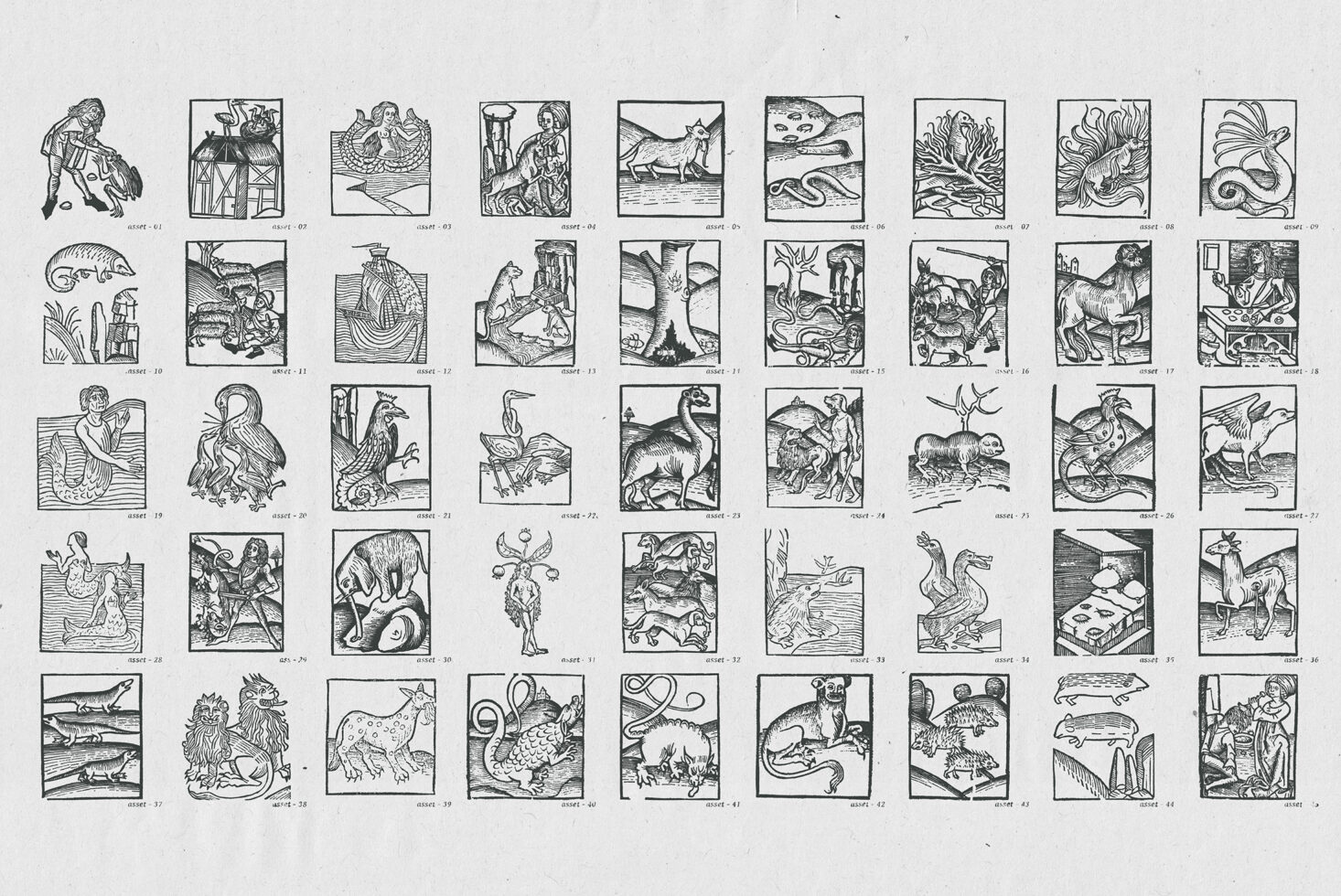 Grid of 45 vintage engraved illustrations featuring mythical creatures, animals, people from Renaissance period