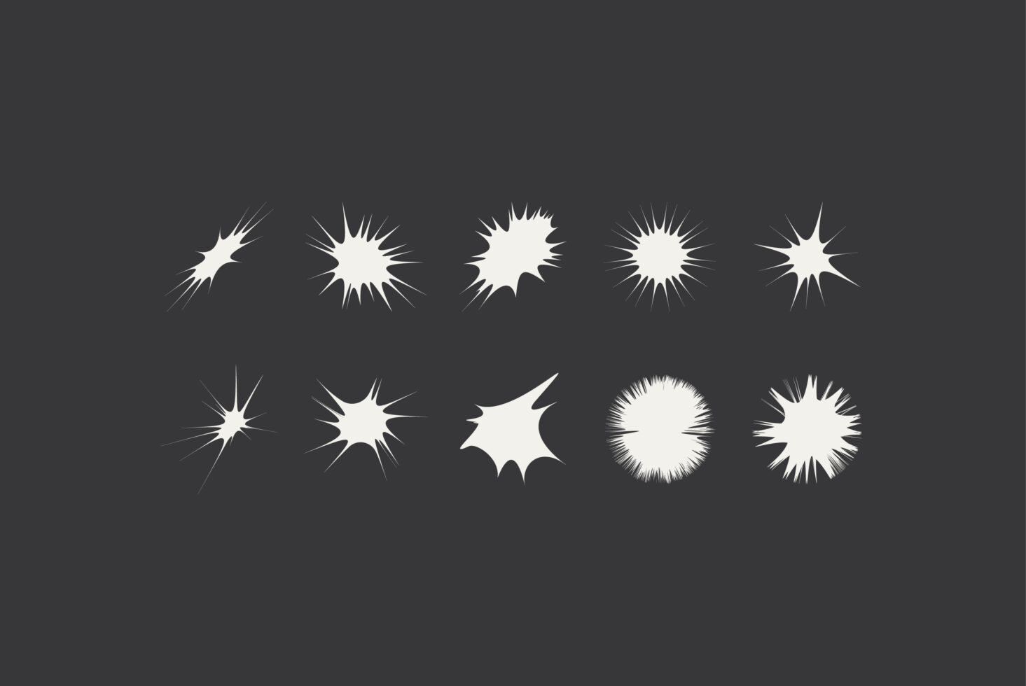 Collection of 10 spiky starburst shapes ranging from thin to thick edges