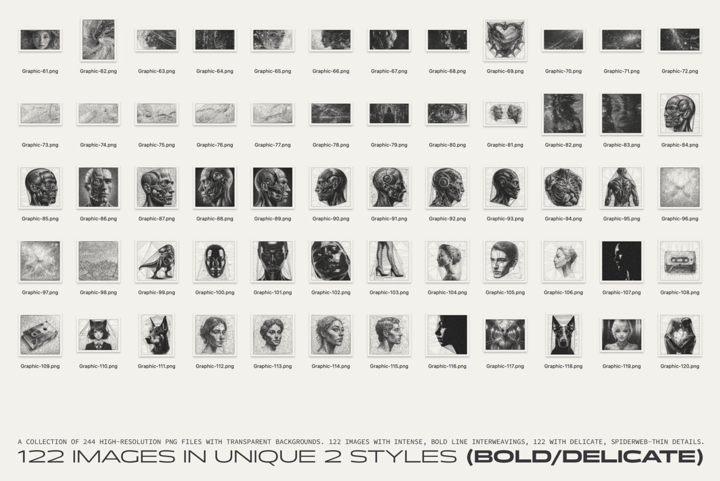 Grid of 122 high-contrast engraved portraits, heads, bodies in bold style