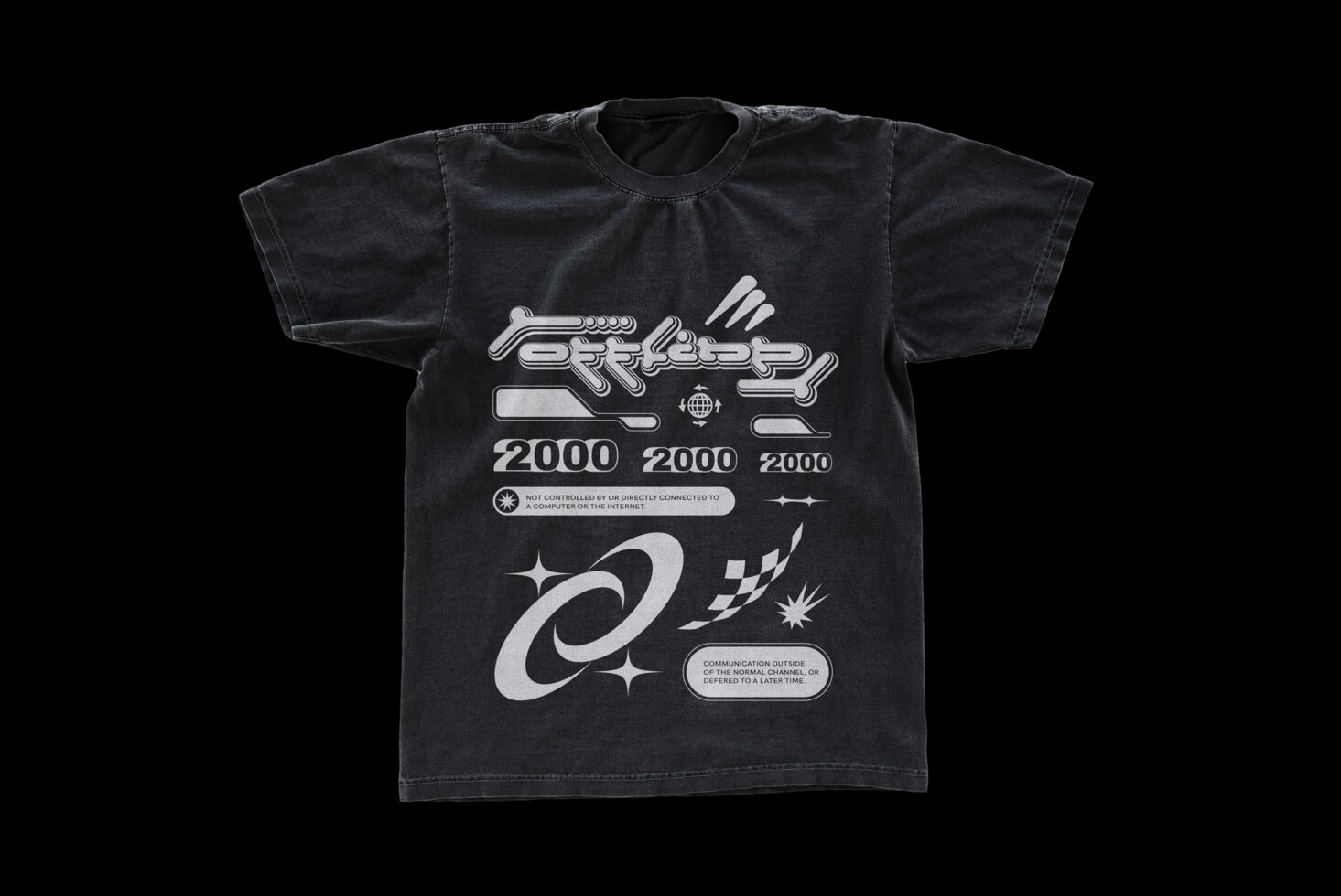 Black T-shirt with futuristic typography and graphics featuring the text Offloop 2000 ideal for graphic design mockups and apparel templates.