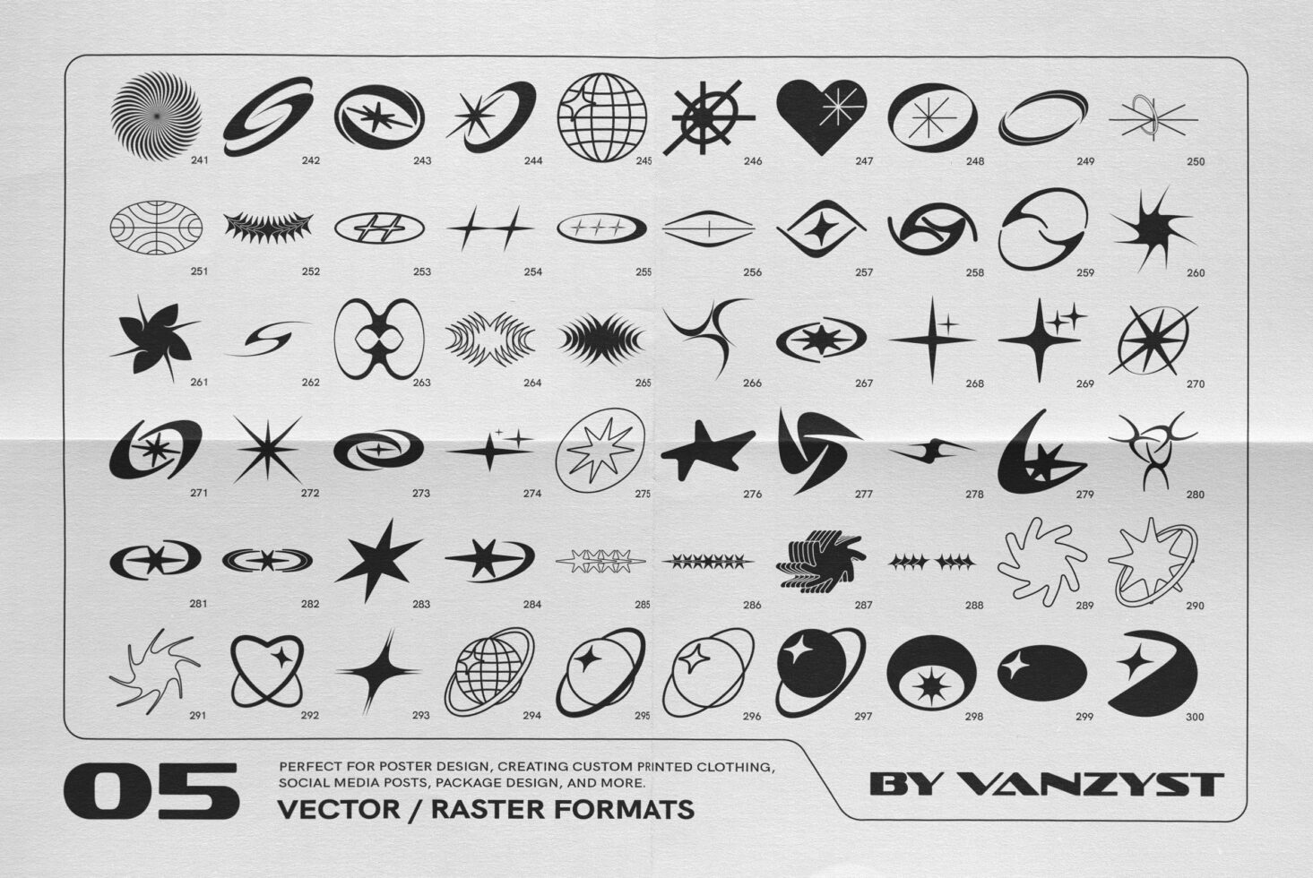 Vector graphic set featuring abstract symbols; ideal for poster design, packaging, social media assets, and digital templates for designers.