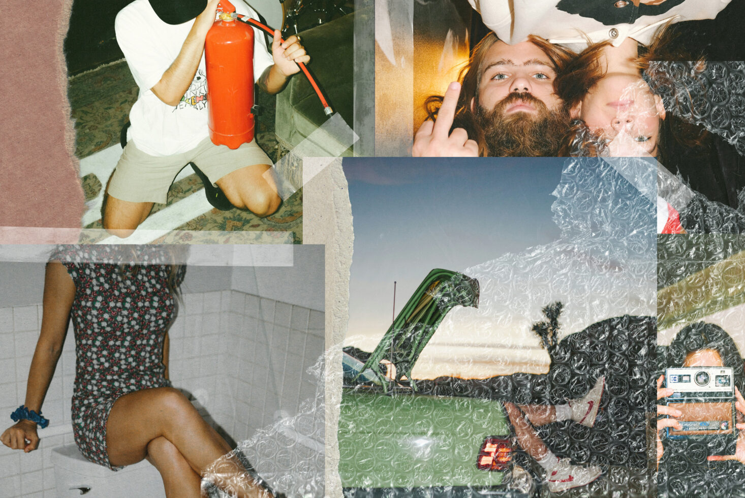 Collage of vintage photography elements; fire extinguisher, couple, classic car, layered with bubble wrap. Perfect for graphic designers and creatives.
