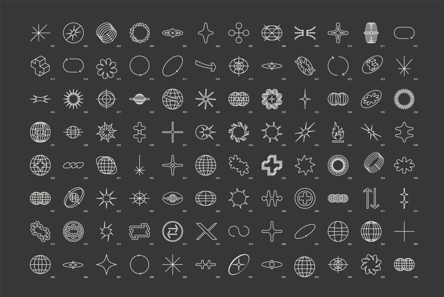 Set of 96 geometric shapes on a black background for graphic design. Ideal for templates and mockups. Includes abstract symbols and line art.