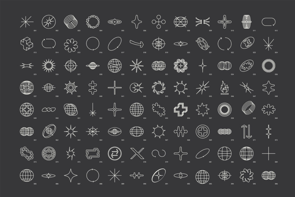 Set of 96 geometric shapes on a black background for graphic design. Ideal for templates and mockups. Includes abstract symbols and line art.