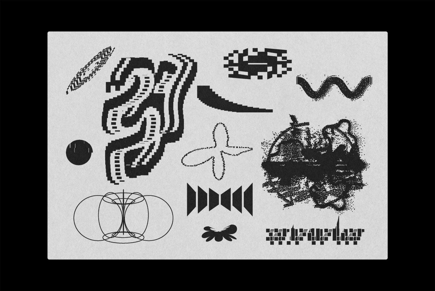 Layered abstract shapes with organic curves, pixelated forms, glitch elements