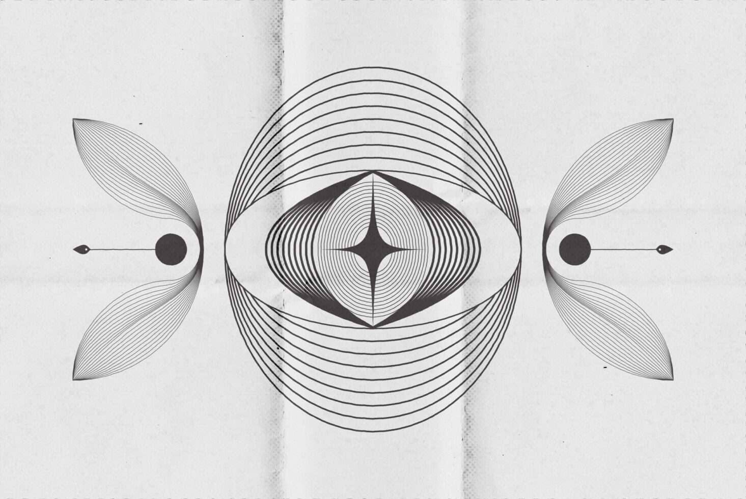 Abstract line art graphic with geometric shapes and symmetrical design on textured paper background. Ideal for templates and creative design projects.