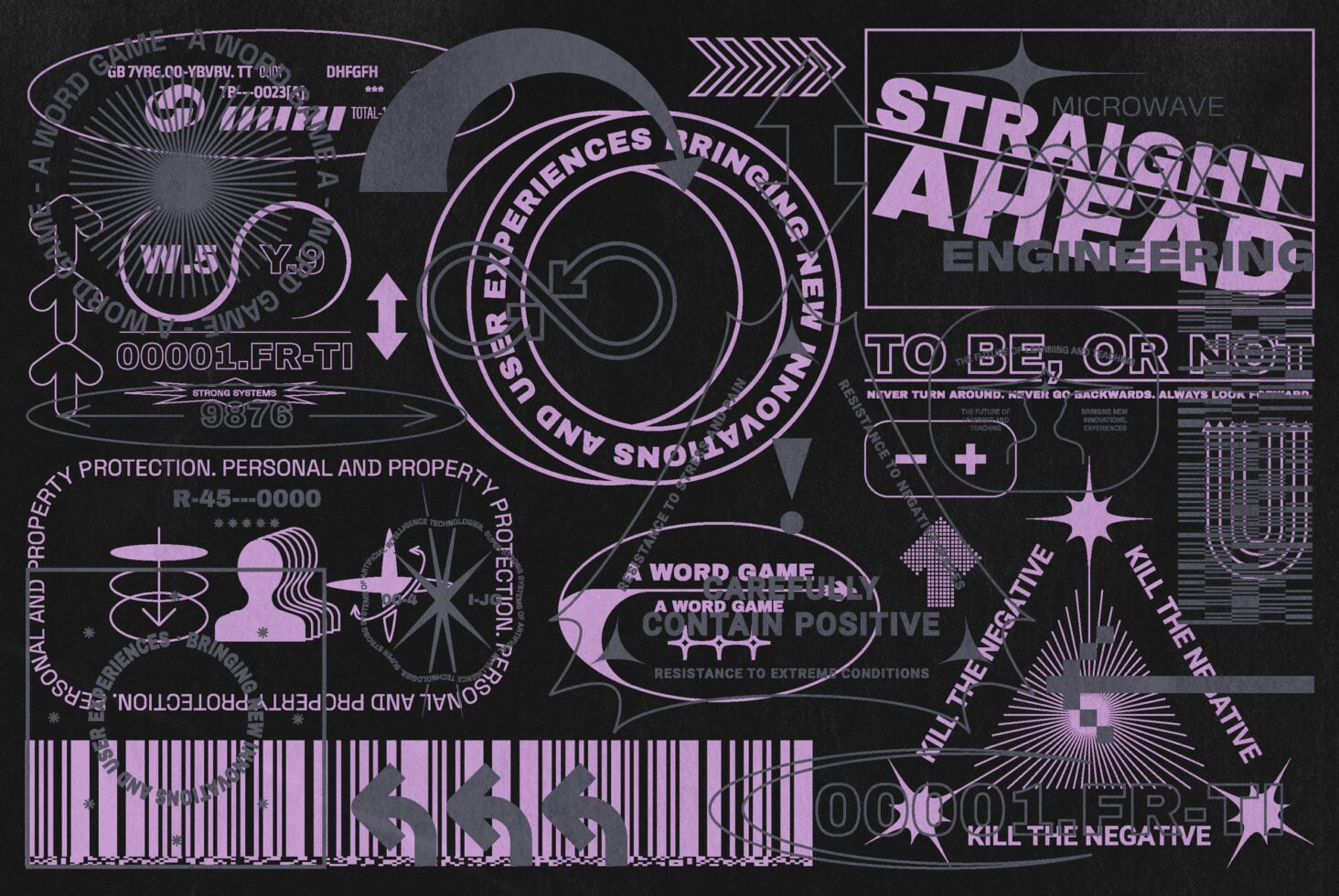 Busy Y2K collage with pink neon elements, retro badges, geometric shapes, scattered text layouts