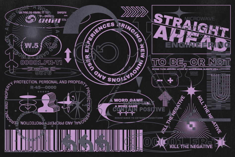Busy Y2K collage with pink neon elements, retro badges, geometric shapes, scattered text layouts