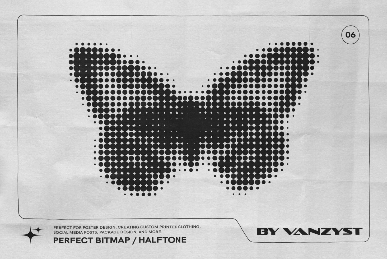 Halftone butterfly illustration in black dots on white textured background. Perfect for poster design, graphics, and print templates for designers.