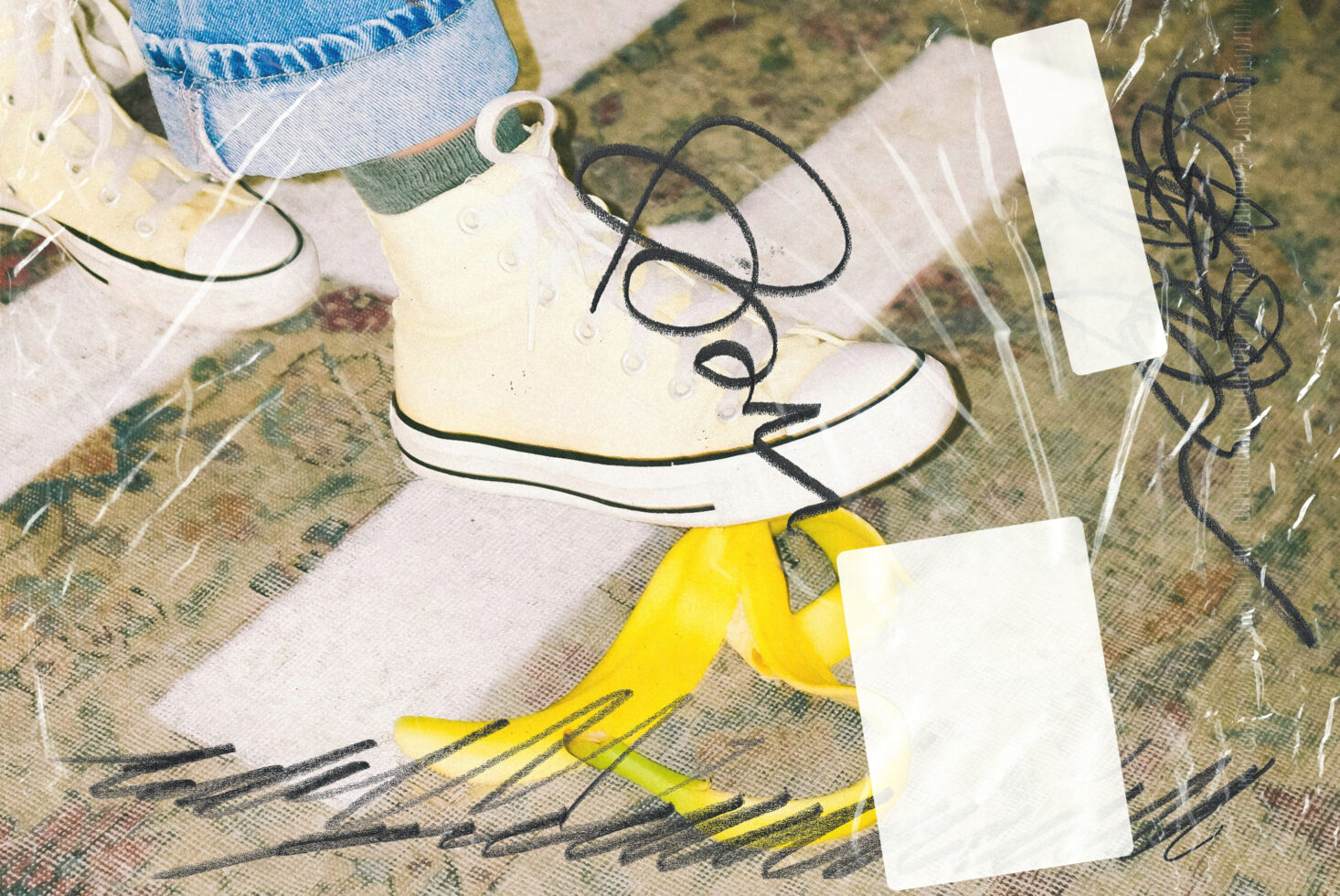 Retro sneaker stepping on a banana peel, textured background with scribbles, ideal for graphic design asset, vintage aesthetics, creative mockup img.