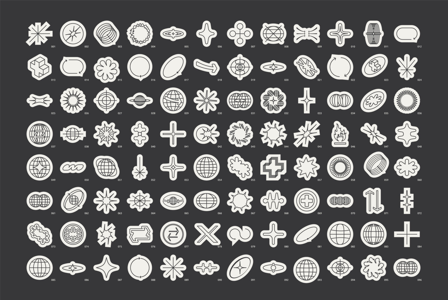 Collection of 96 unique geometric graphic icons in black and white on a dark background ideal for digital design assets suitable for templates or mockups.