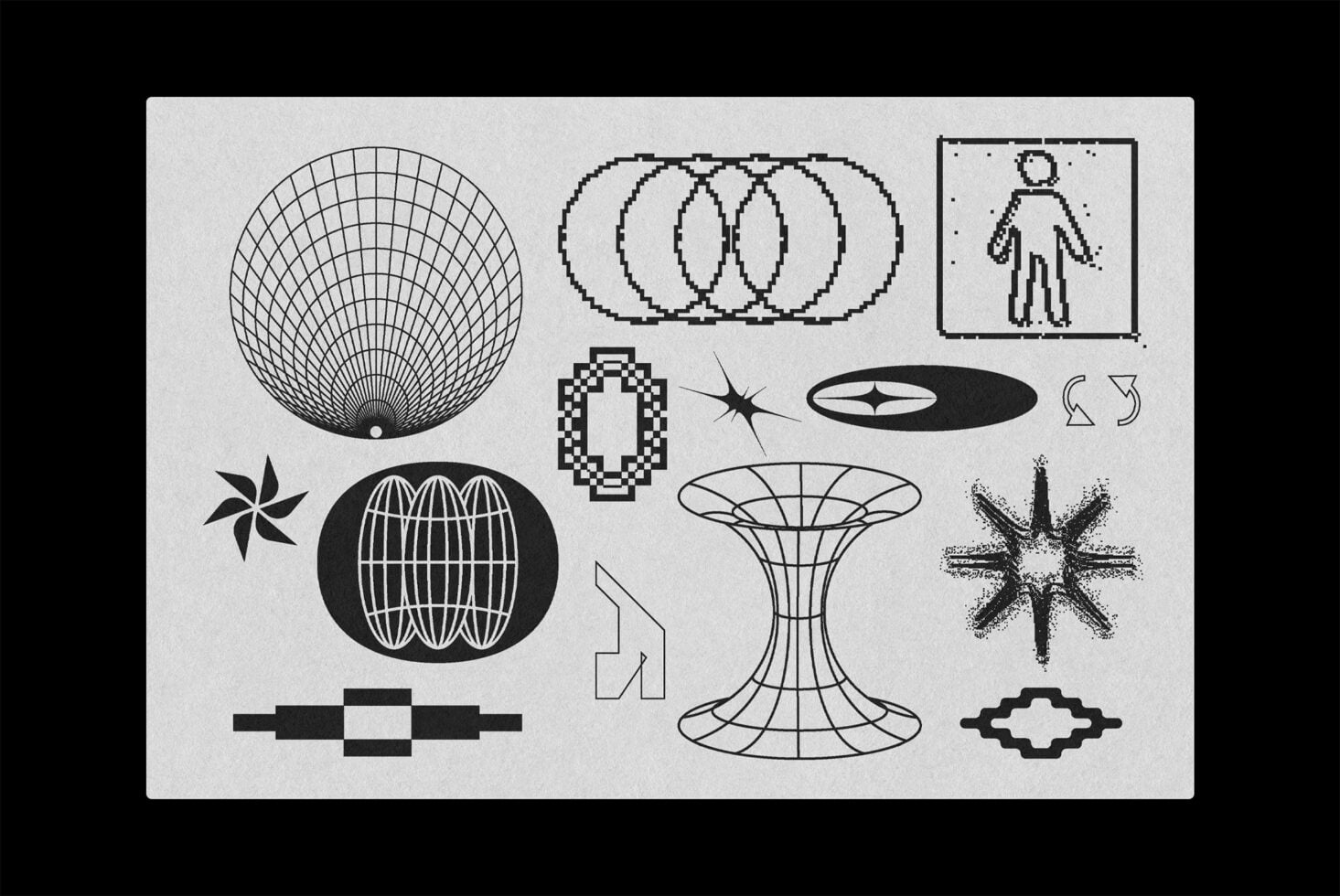 Retro geometric shapes with wireframe spheres, grid patterns, line art forms