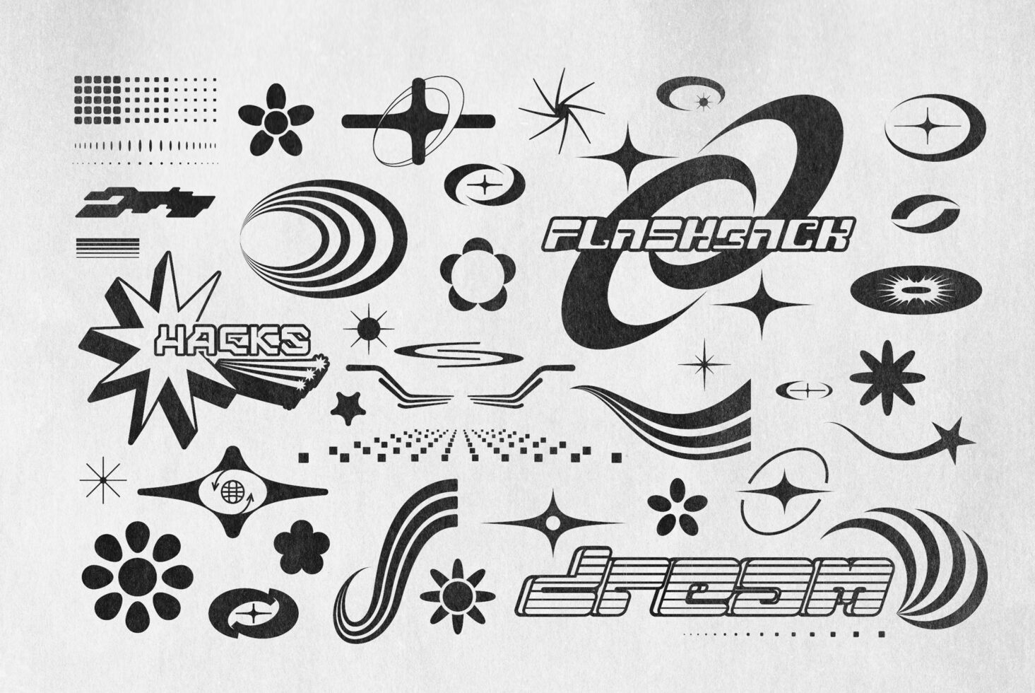 Retro graphic design elements featuring bold geometric shapes and dynamic patterns. Ideal for creating unique templates and mockups for designers.
