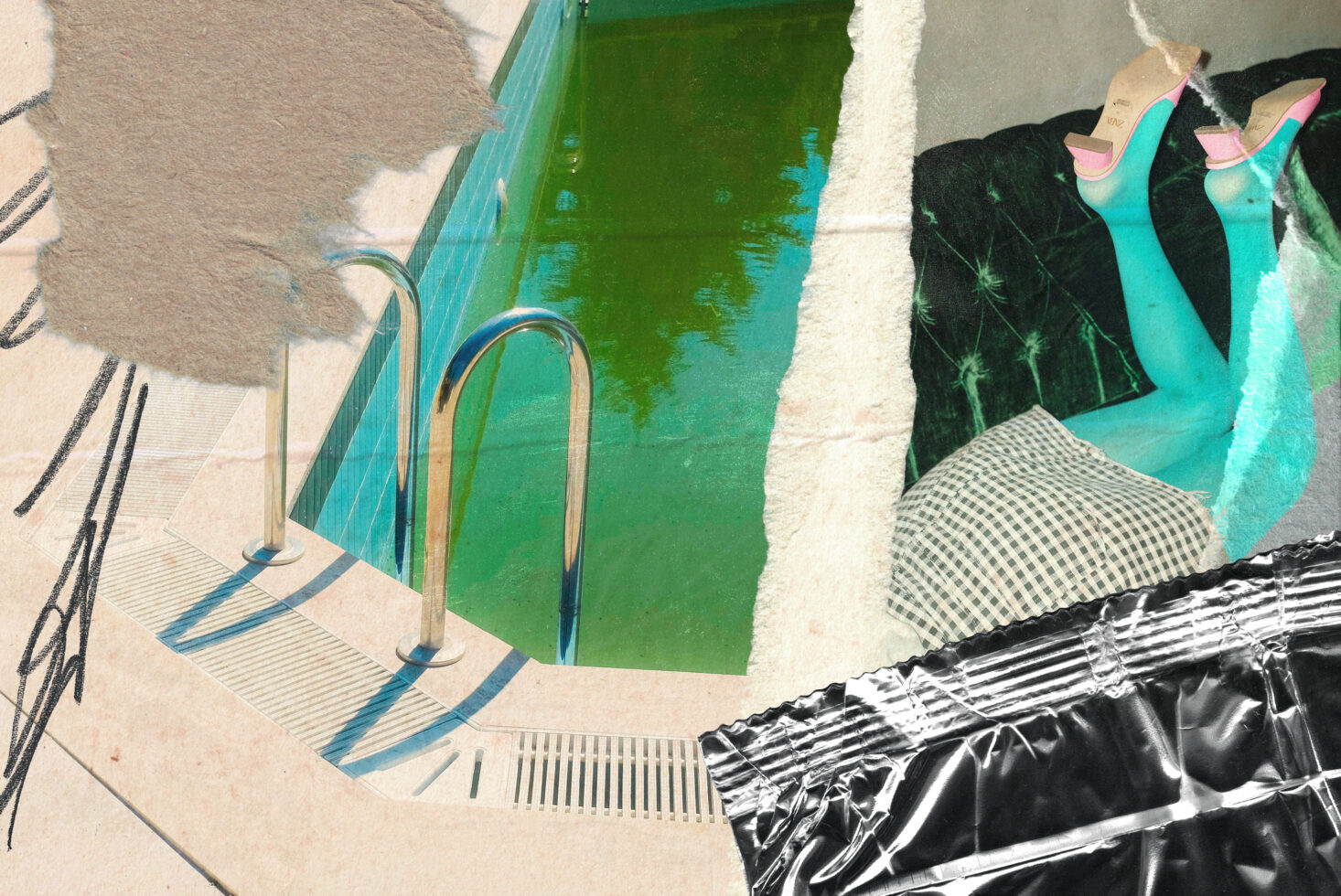 Surreal collage with a poolside view and abstract textures featuring a woman's legs in colorful tights and heels emphasizing design graphics and creativity.