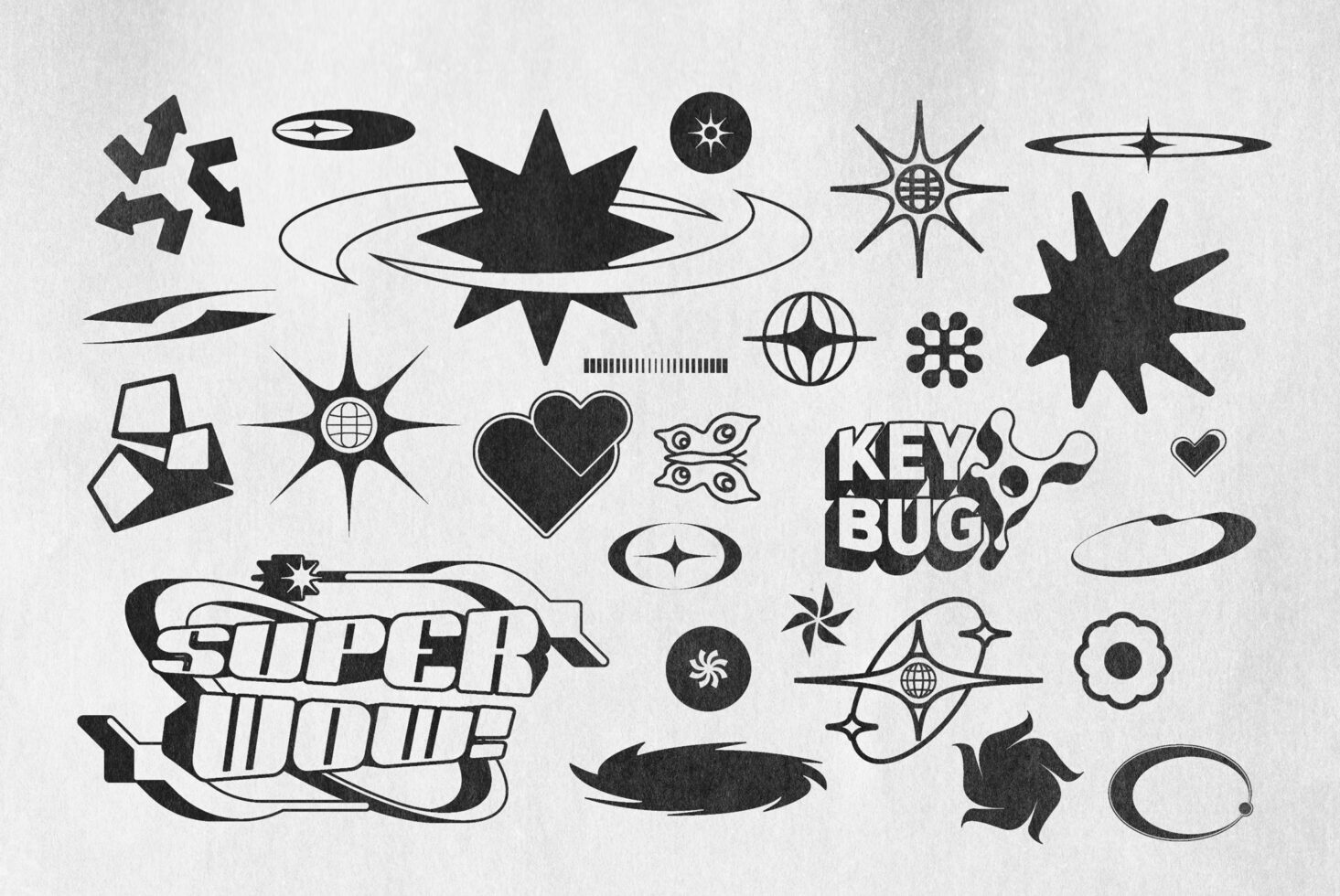 Collection of abstract retro vector graphics and symbols including stars and hearts in black on a textured background for digital design projects.