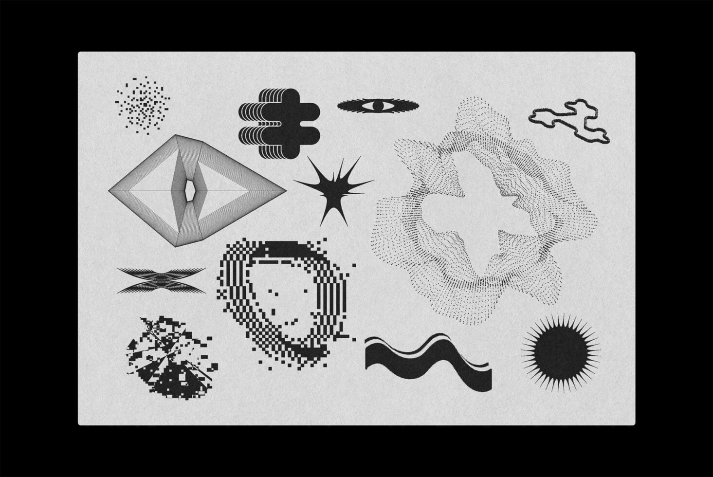 Set of abstract experimental shapes with stipple, pixelated, halftone textures