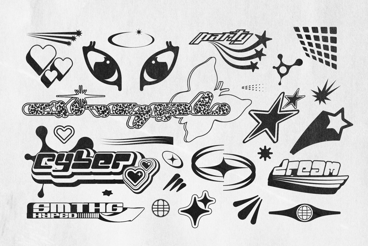 Retro graphic design elements including stars hearts abstract shapes. Perfect for designers seeking unique digital assets and inspiration for projects.
