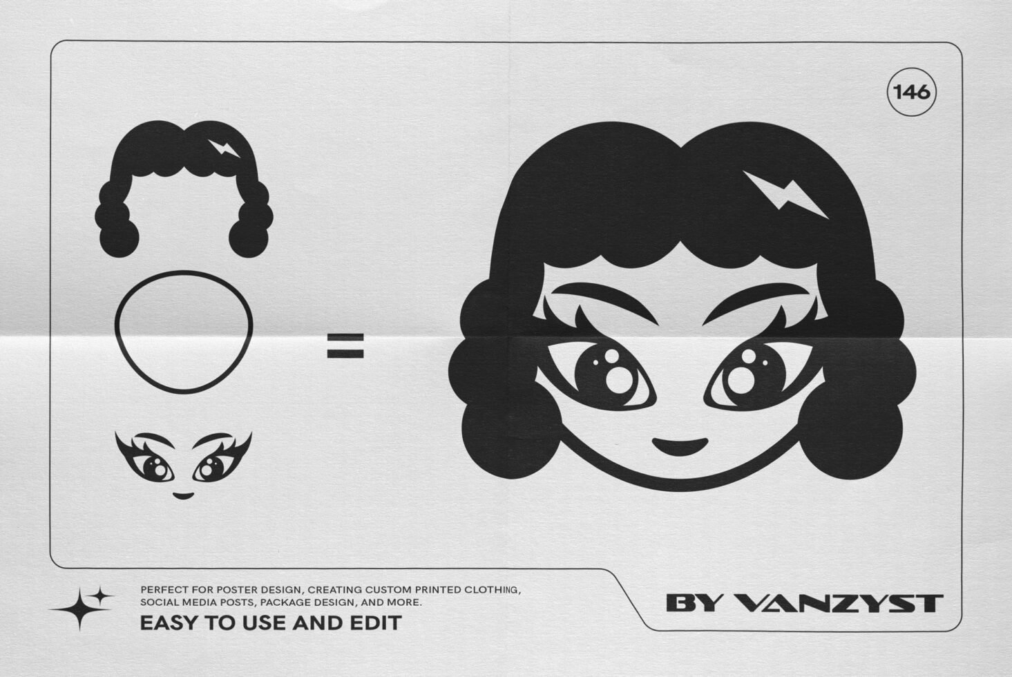Black and white vector graphic showing a female cartoon face with hair and facial features. Ideal for logo, poster design, and custom prints. Easy to edit.