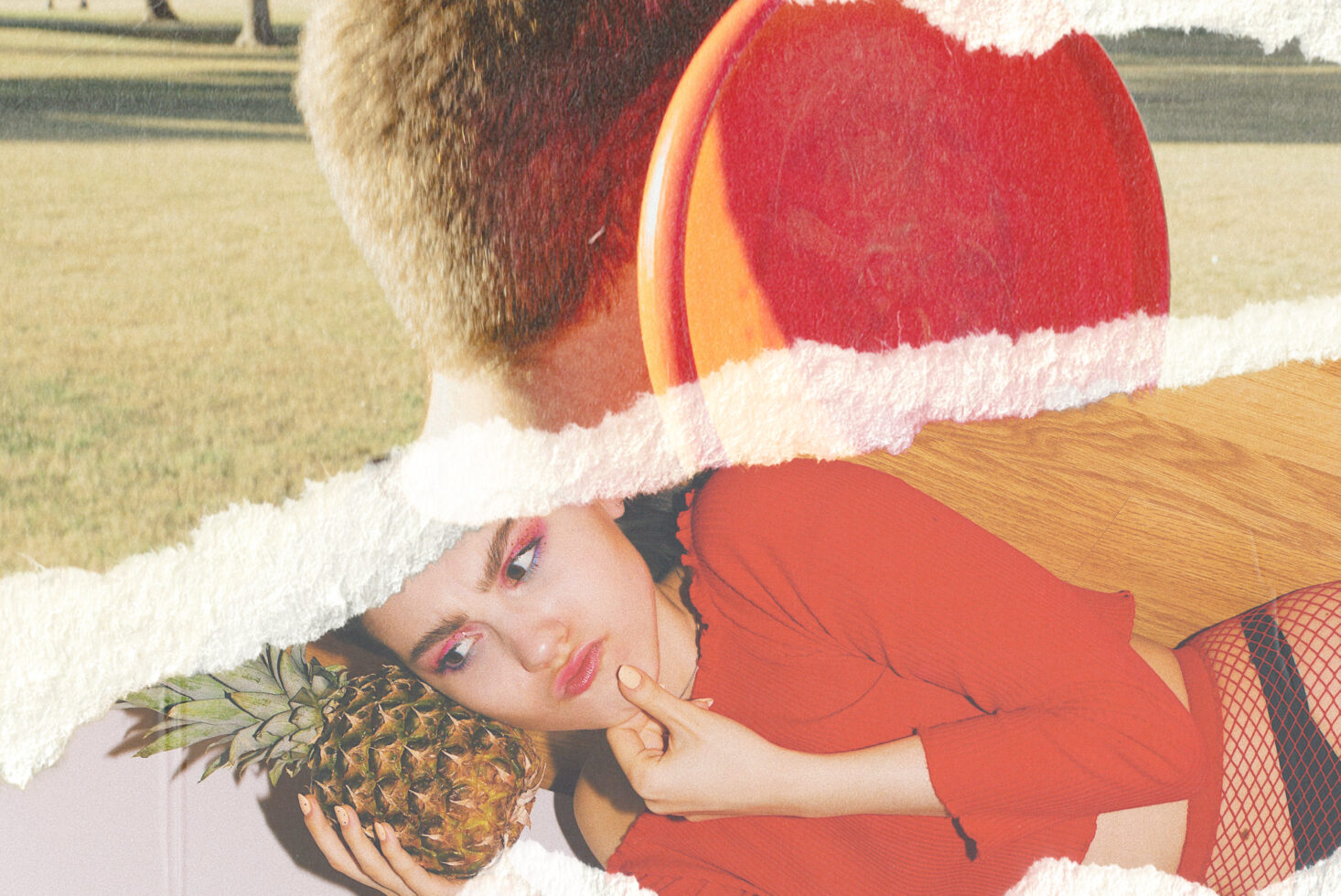 Collage design featuring a woman in red thinking with a pineapple, layered textures and mixed media elements. Ideal for creative graphic projects.