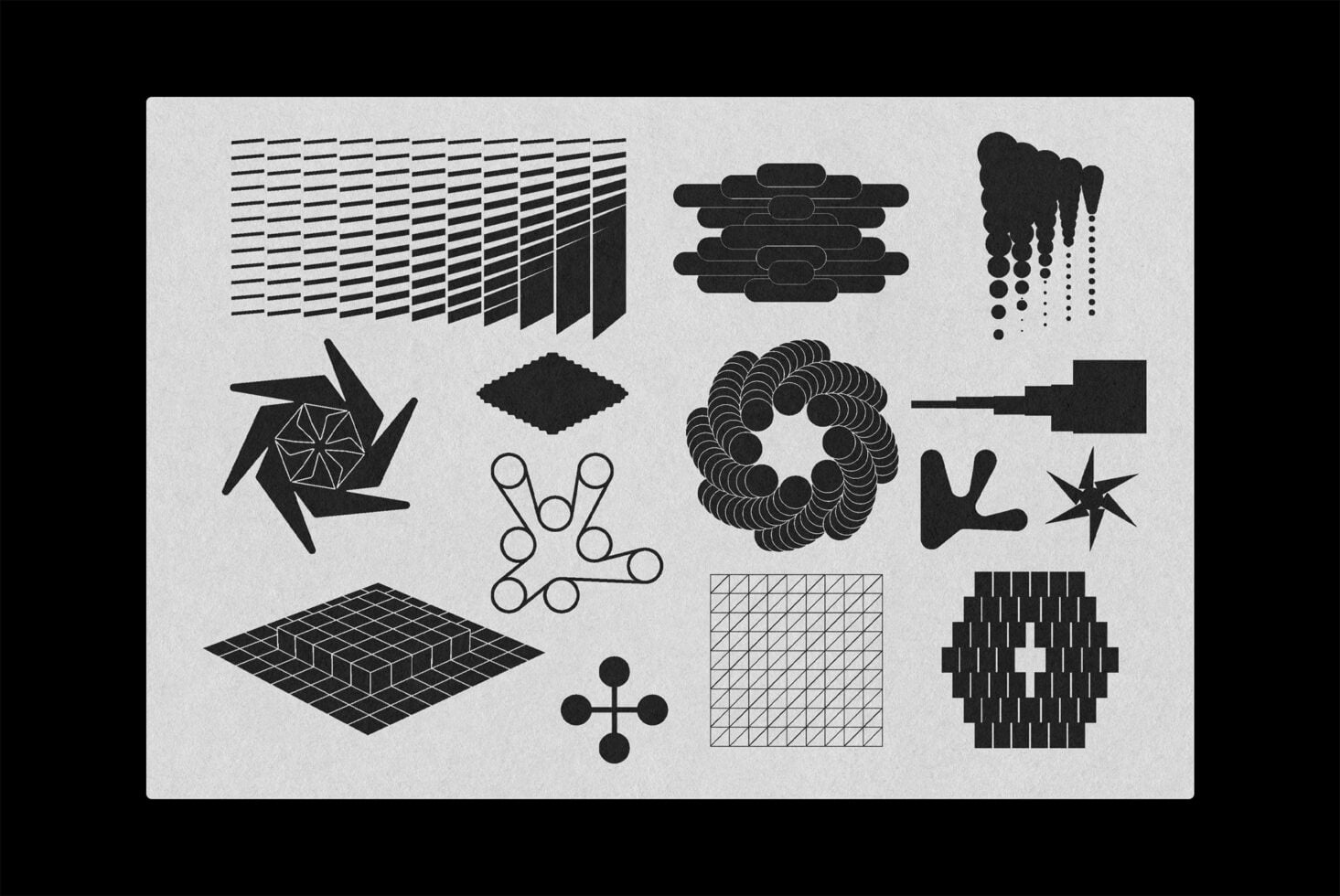 Collection of geometric shapes with patterns including lines, circles, grids, stars